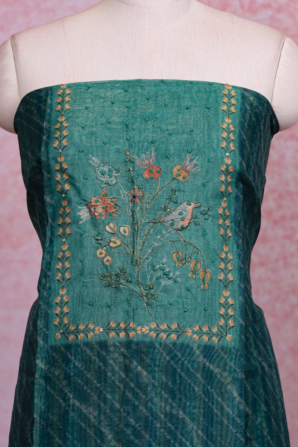 Green Semi Silk Printed Unstitched Churidhar Material