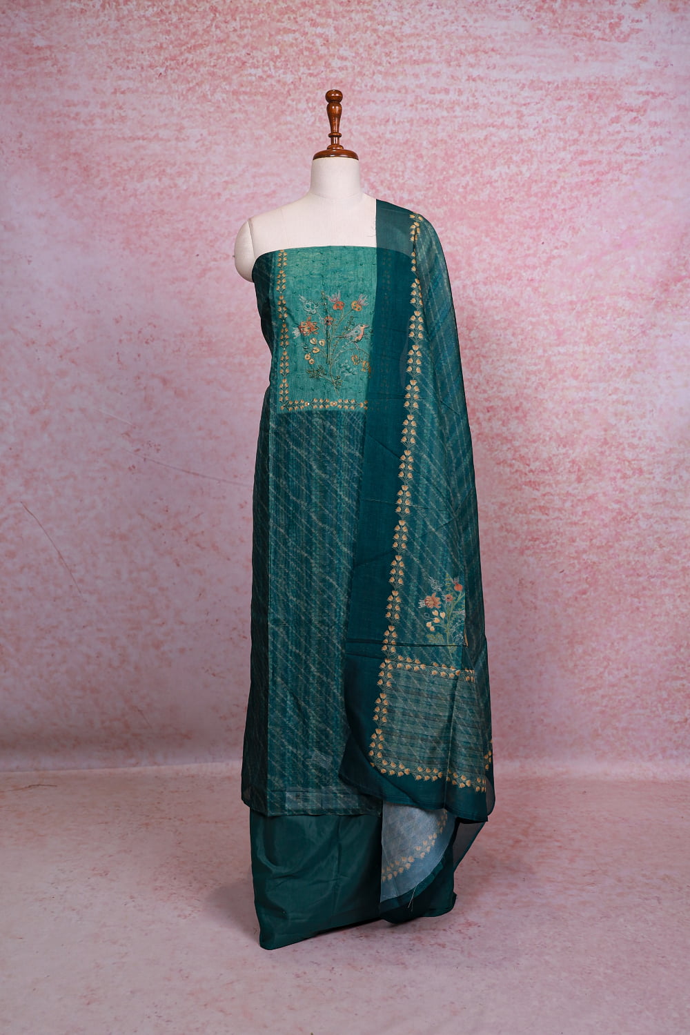 Green Semi Silk Printed Unstitched Churidhar Material