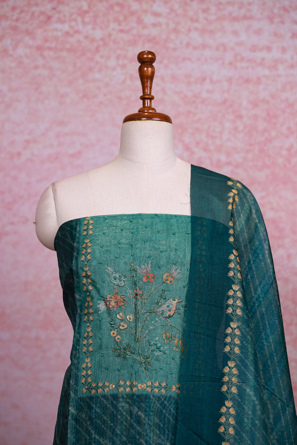 Green Semi Silk Printed Unstitched Churidhar Material