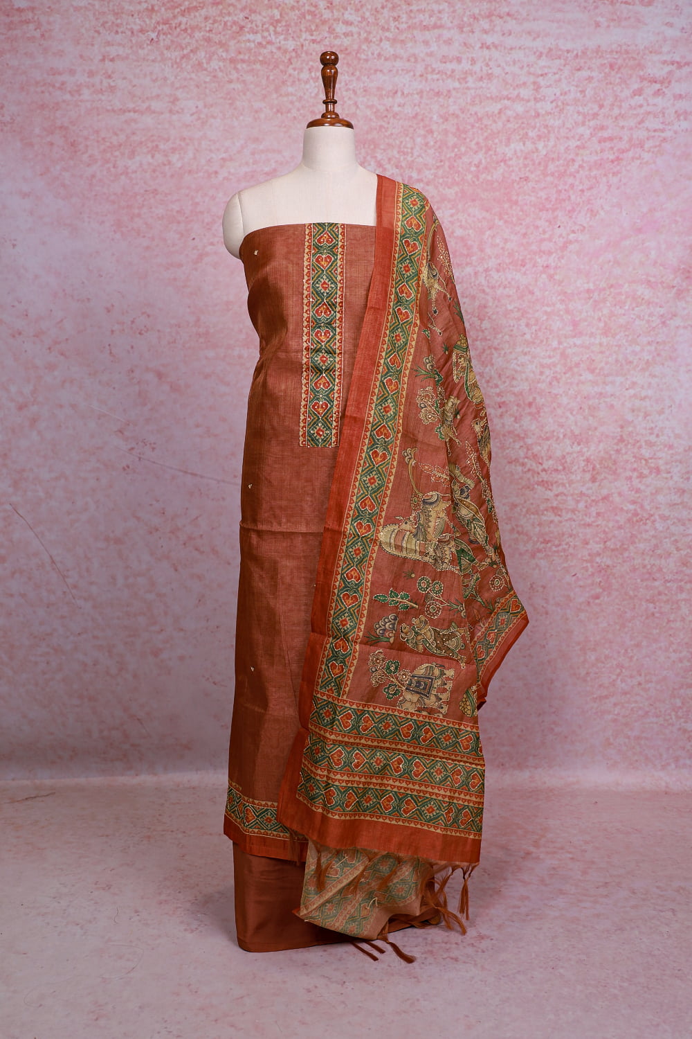 Copper Color Chanderi Tissue Thread And Sequines Work Unstitched Churidhar Material