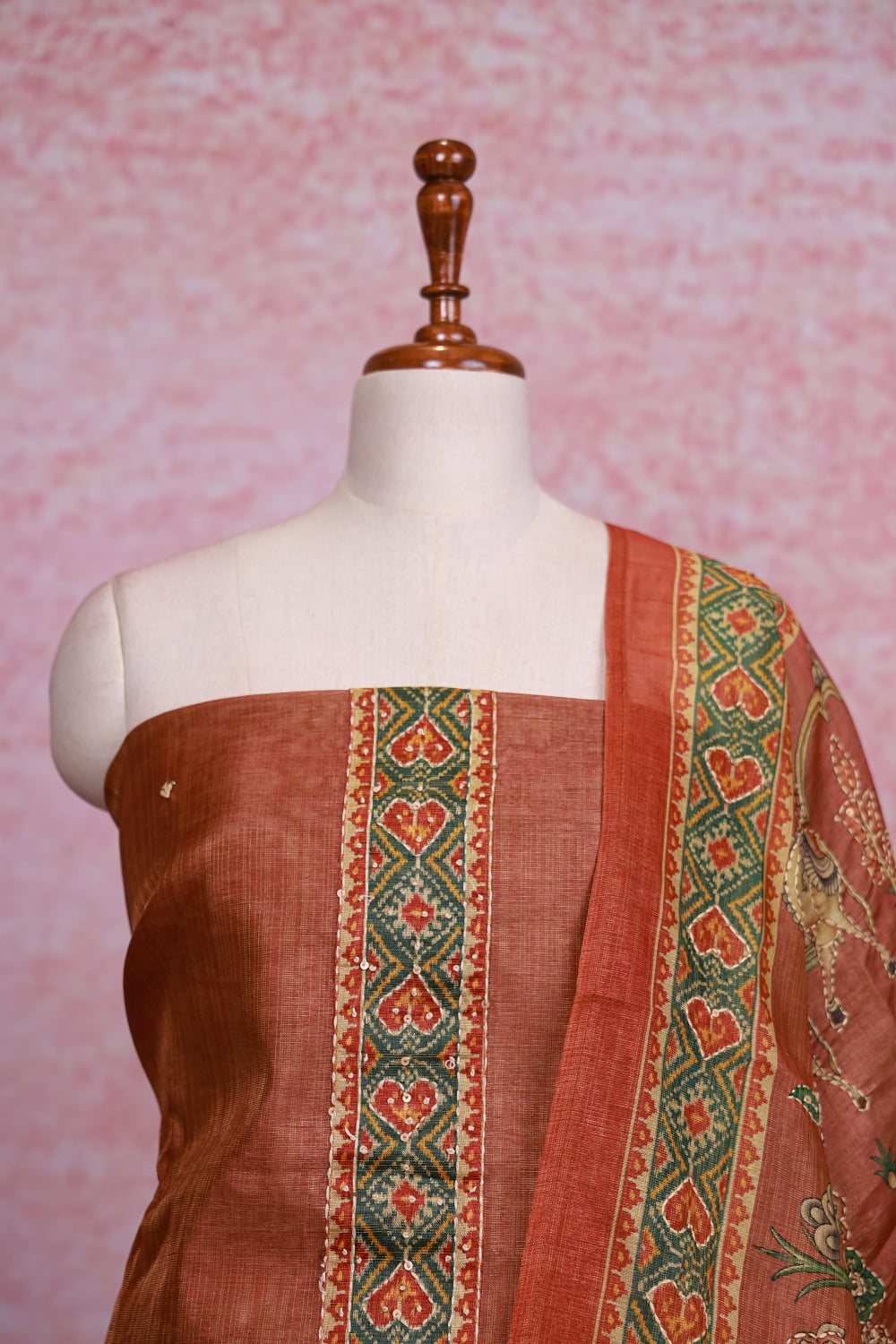 Copper Color Chanderi Tissue Thread And Sequines Work Unstitched Churidhar Material