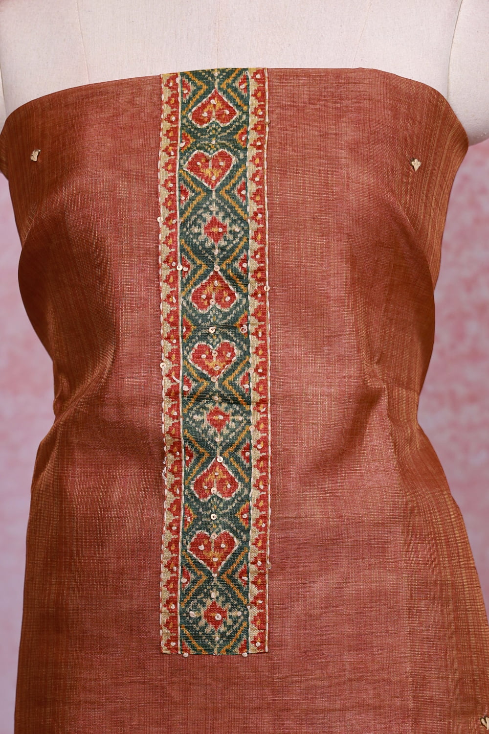 Copper Color Chanderi Tissue Thread And Sequines Work Unstitched Churidhar Material