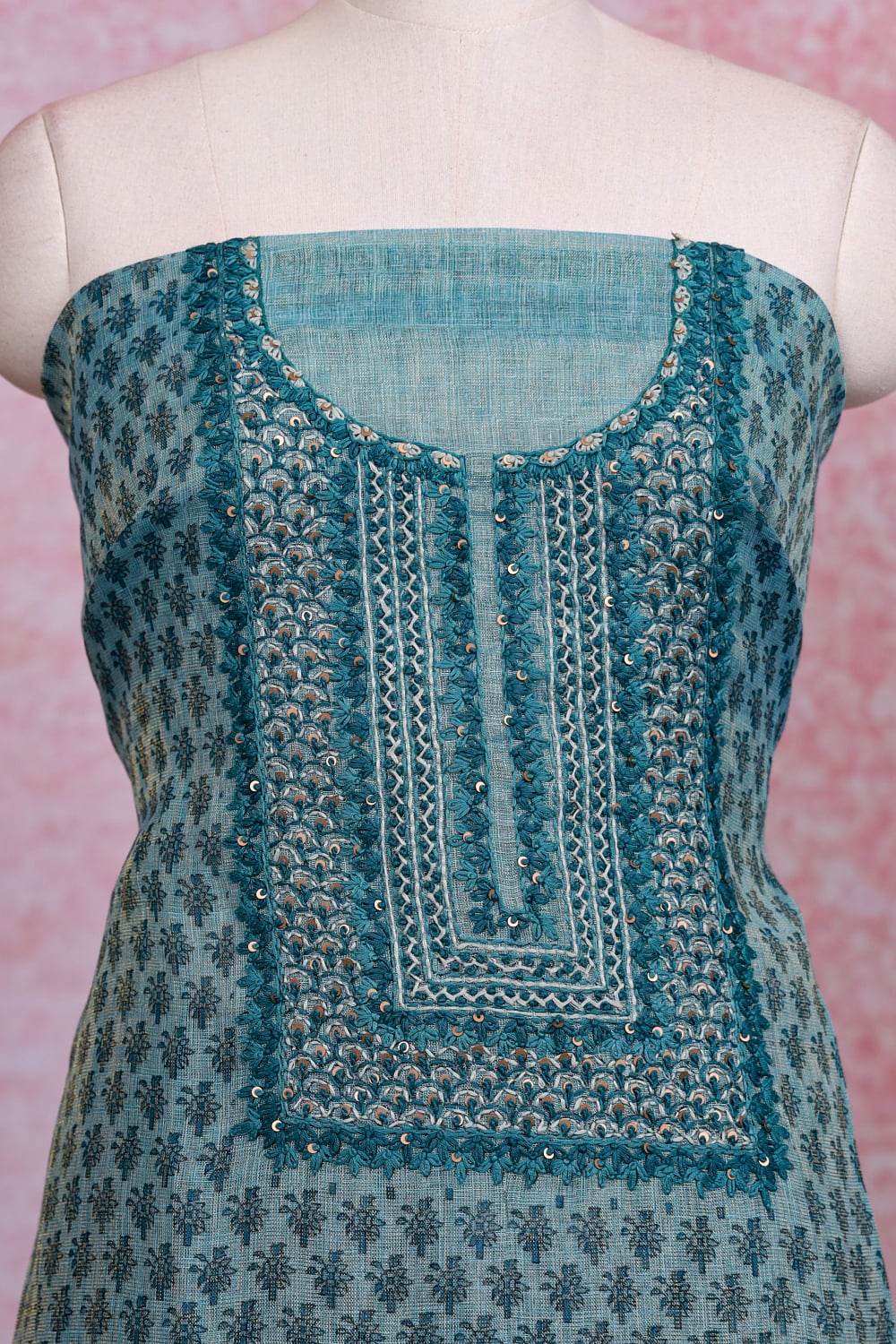 Blue Linen Tissue Printed Unstitched Churidhar Material