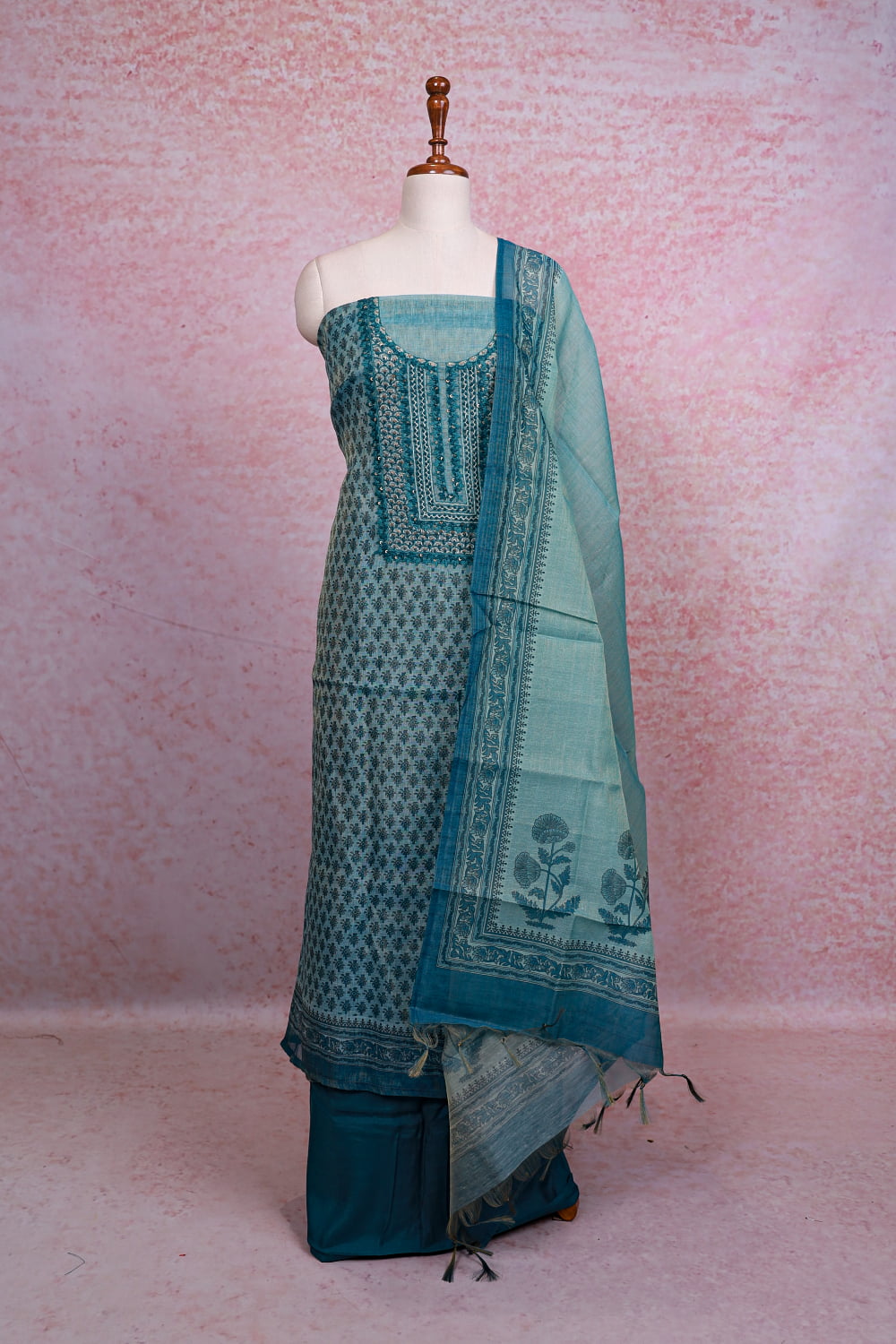Blue Linen Tissue Printed Unstitched Churidhar Material