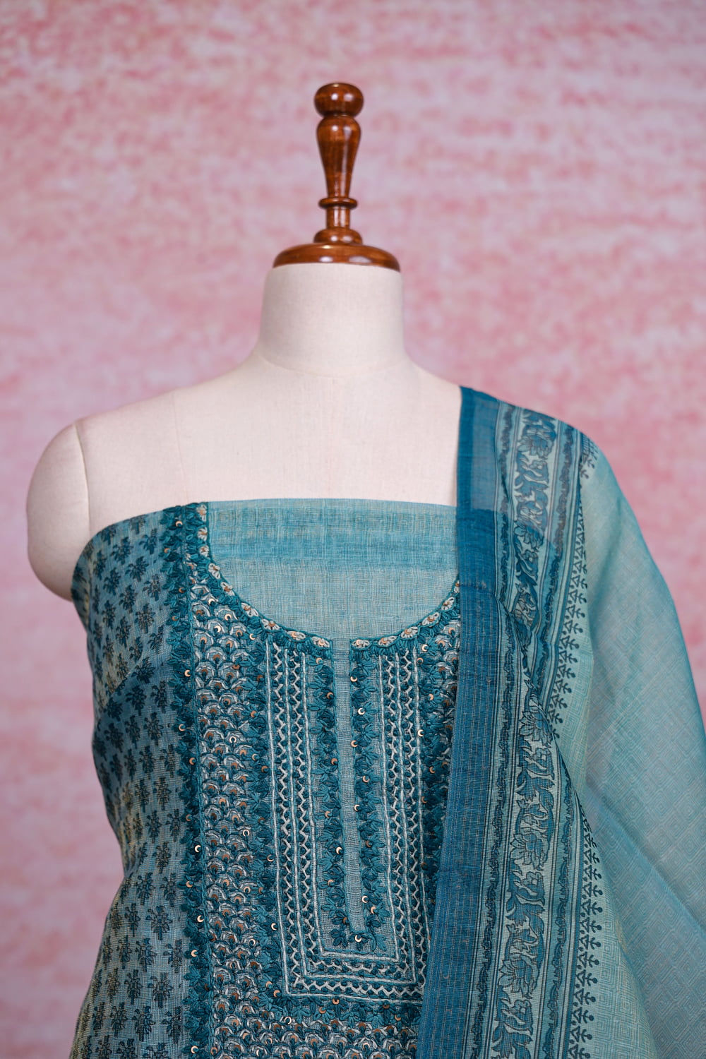 Blue Linen Tissue Printed Unstitched Churidhar Material