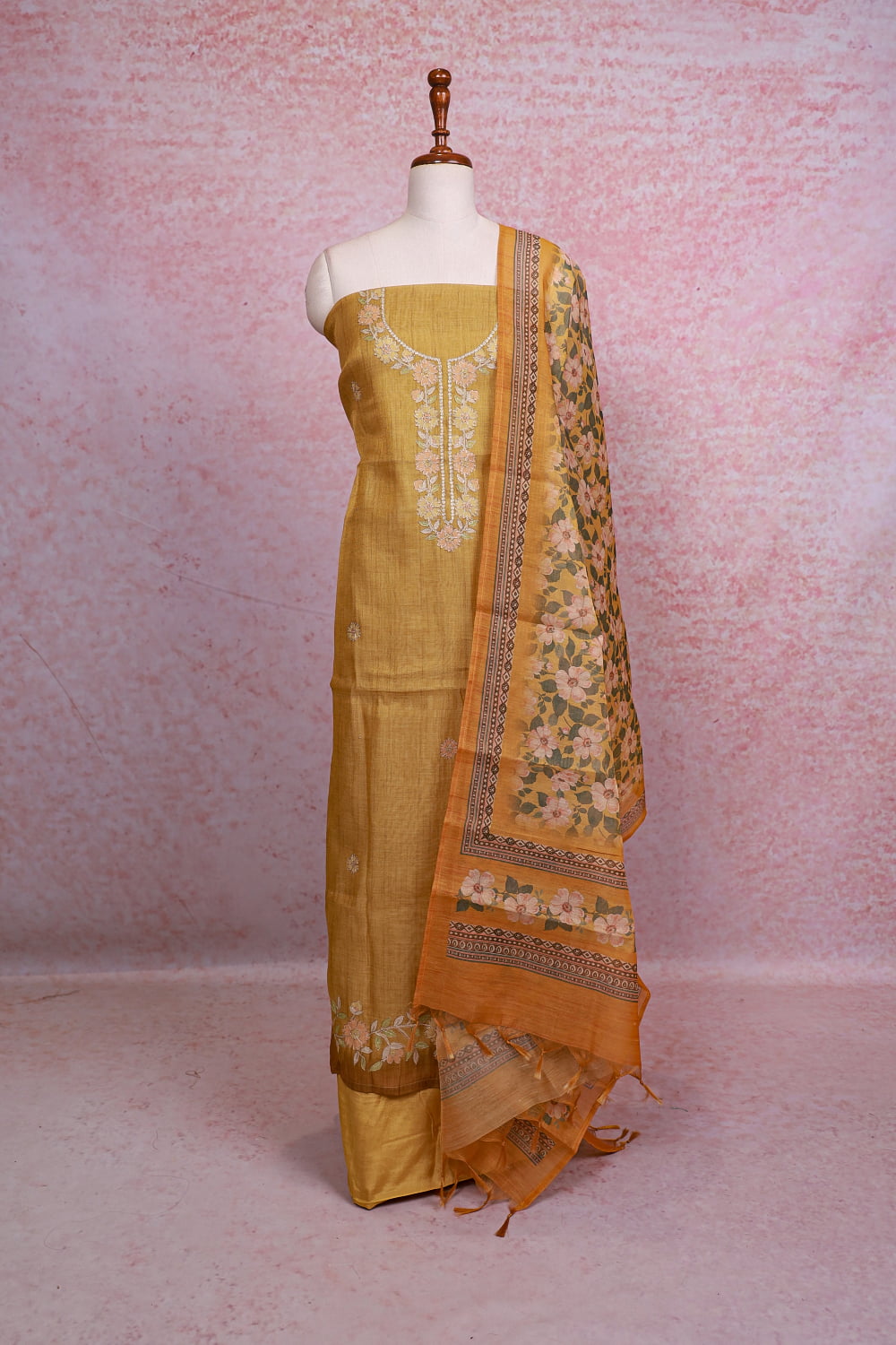 Mustard Chanderi Tissue Butta Unstitched Churidhar Material