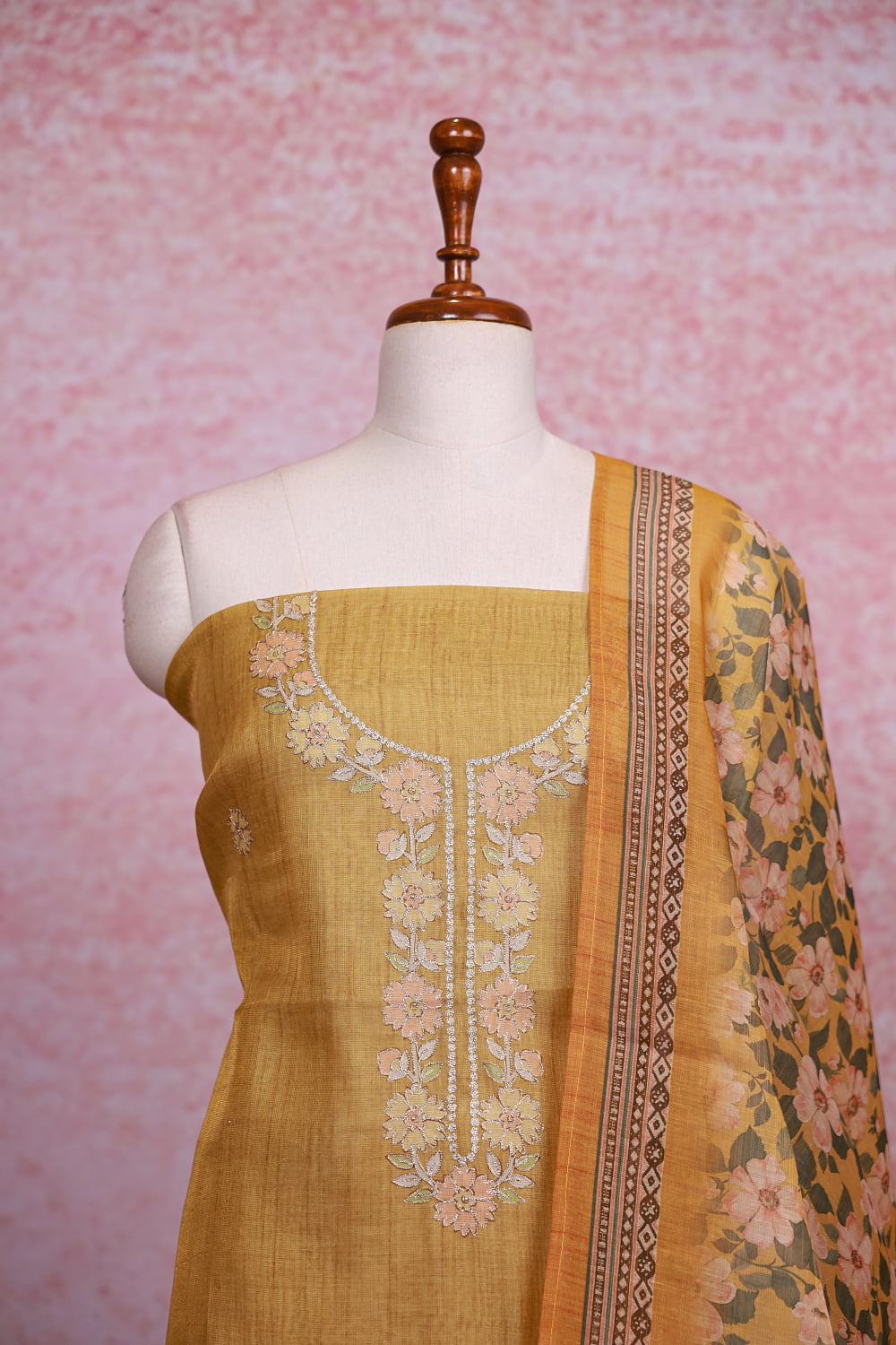 Mustard Chanderi Tissue Butta Unstitched Churidhar Material
