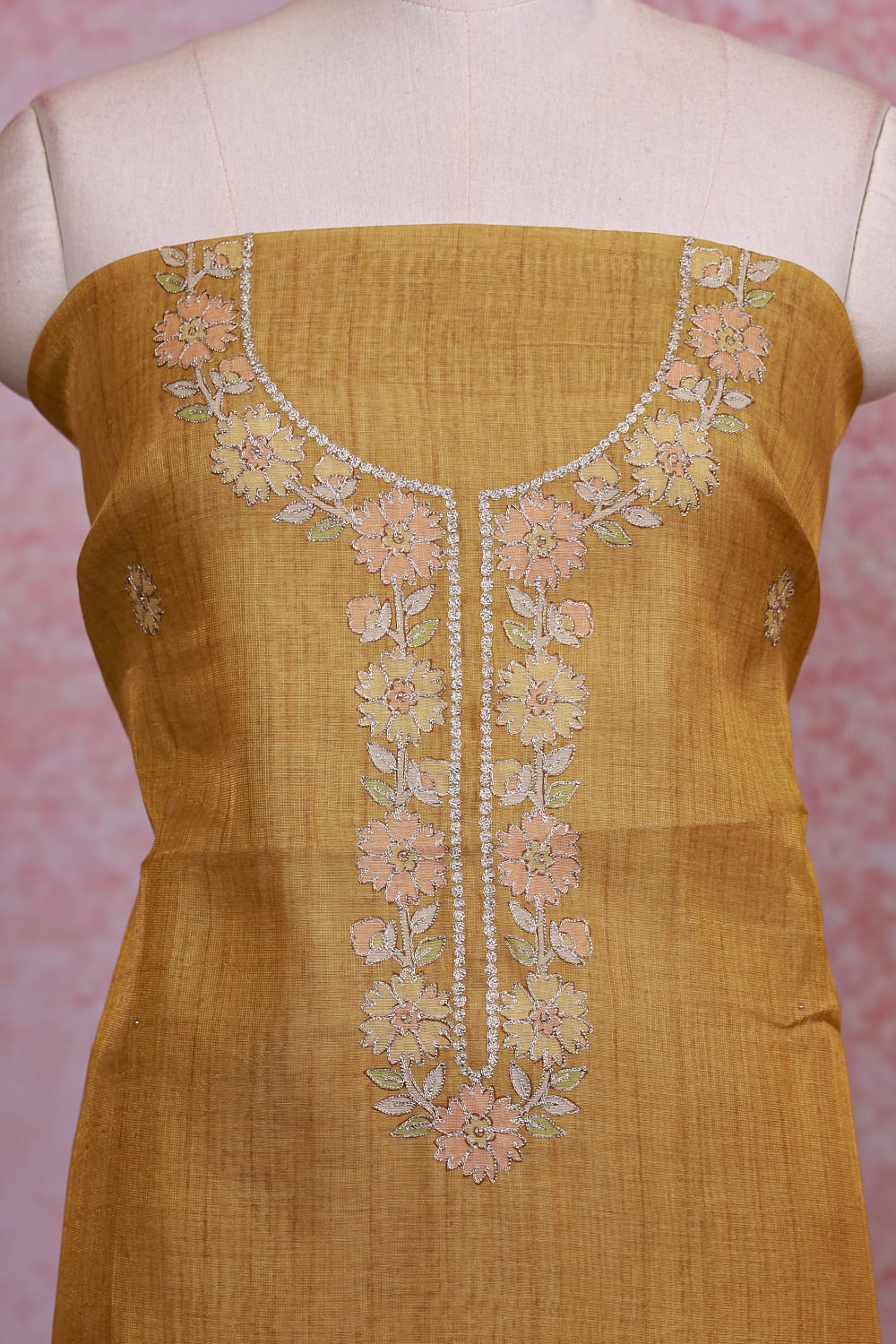 Mustard Chanderi Tissue Butta Unstitched Churidhar Material