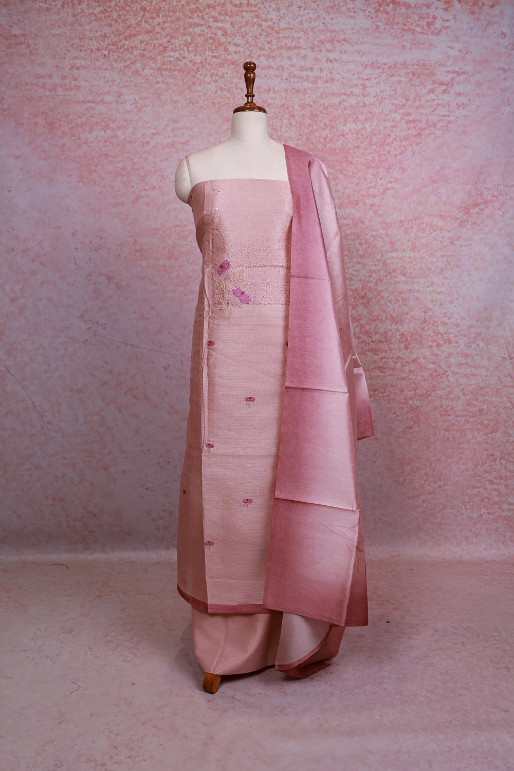 Light Pink Semi Silk Printed Unstitched Churidhar Material