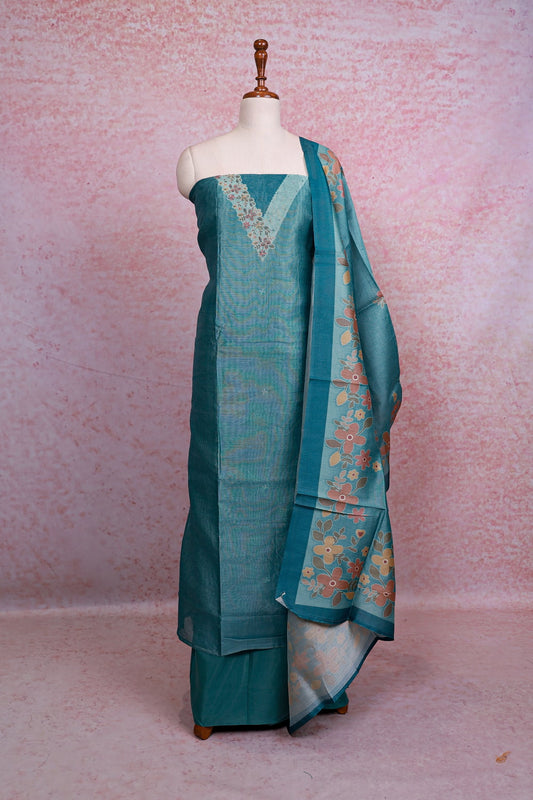 Ash Blue Semi Silk Printed Unstitched Churidhar Material