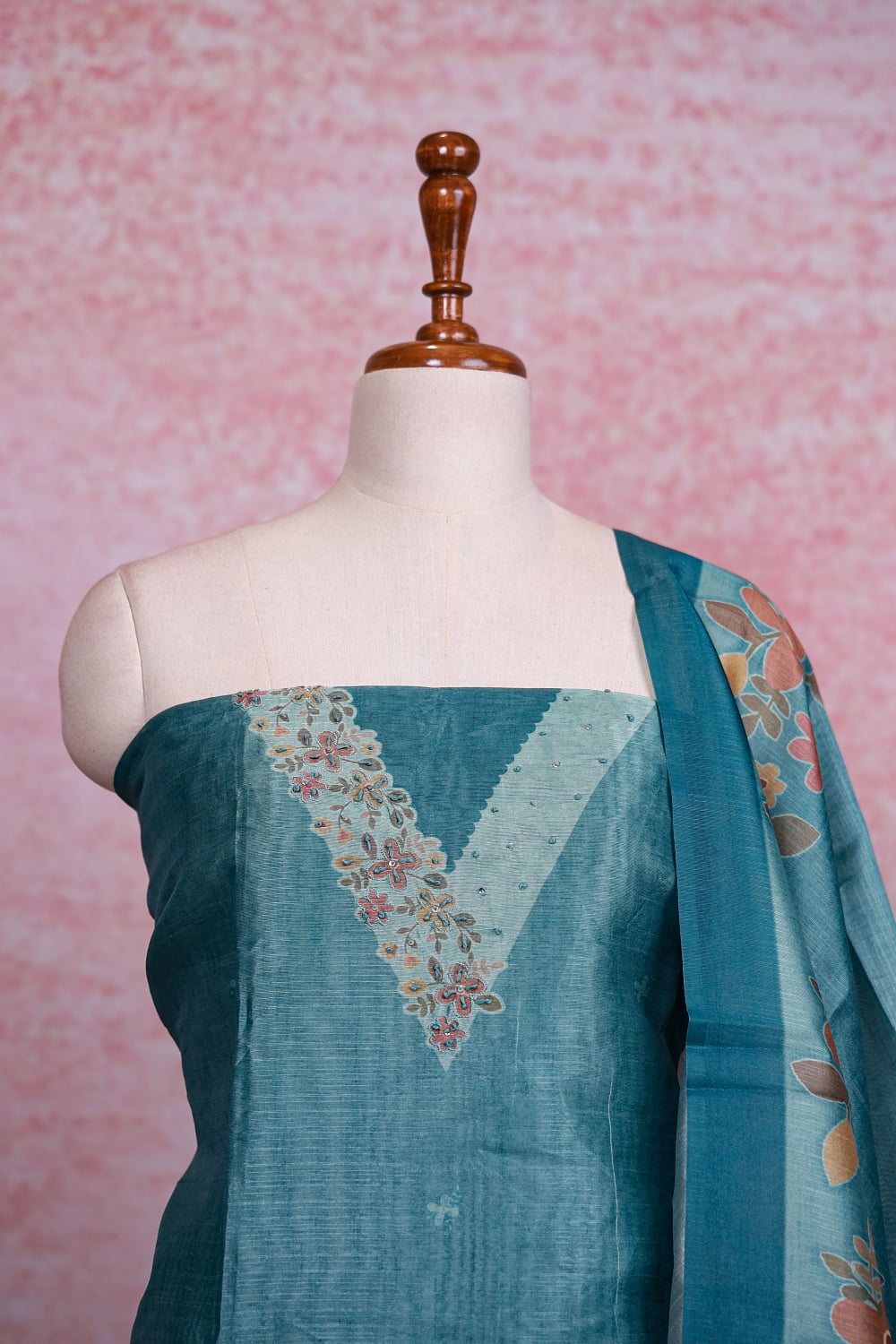 Ash Blue Semi Silk Printed Unstitched Churidhar Material