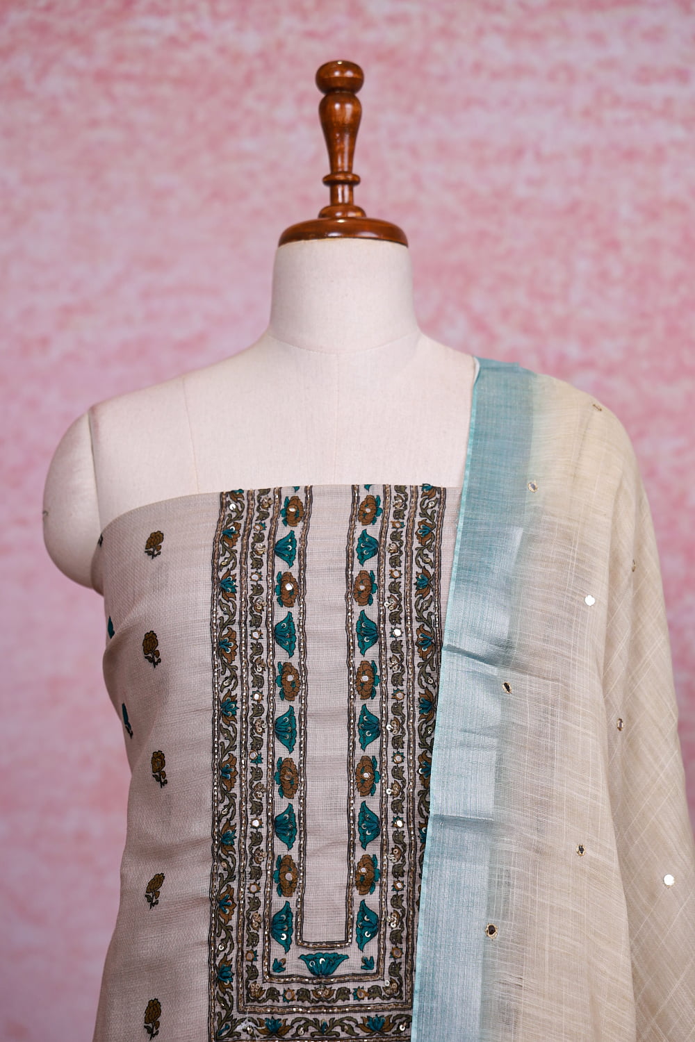 Cream Linen Embroidery Unstitched Churidhar Material