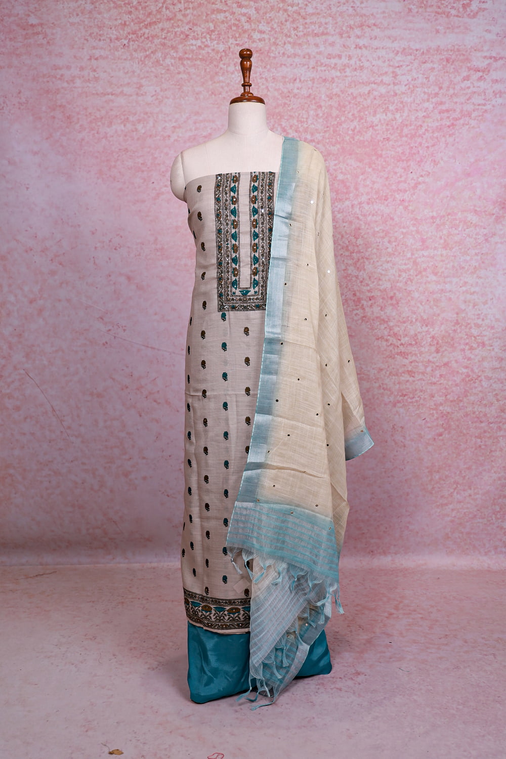 Cream Linen Embroidery Unstitched Churidhar Material