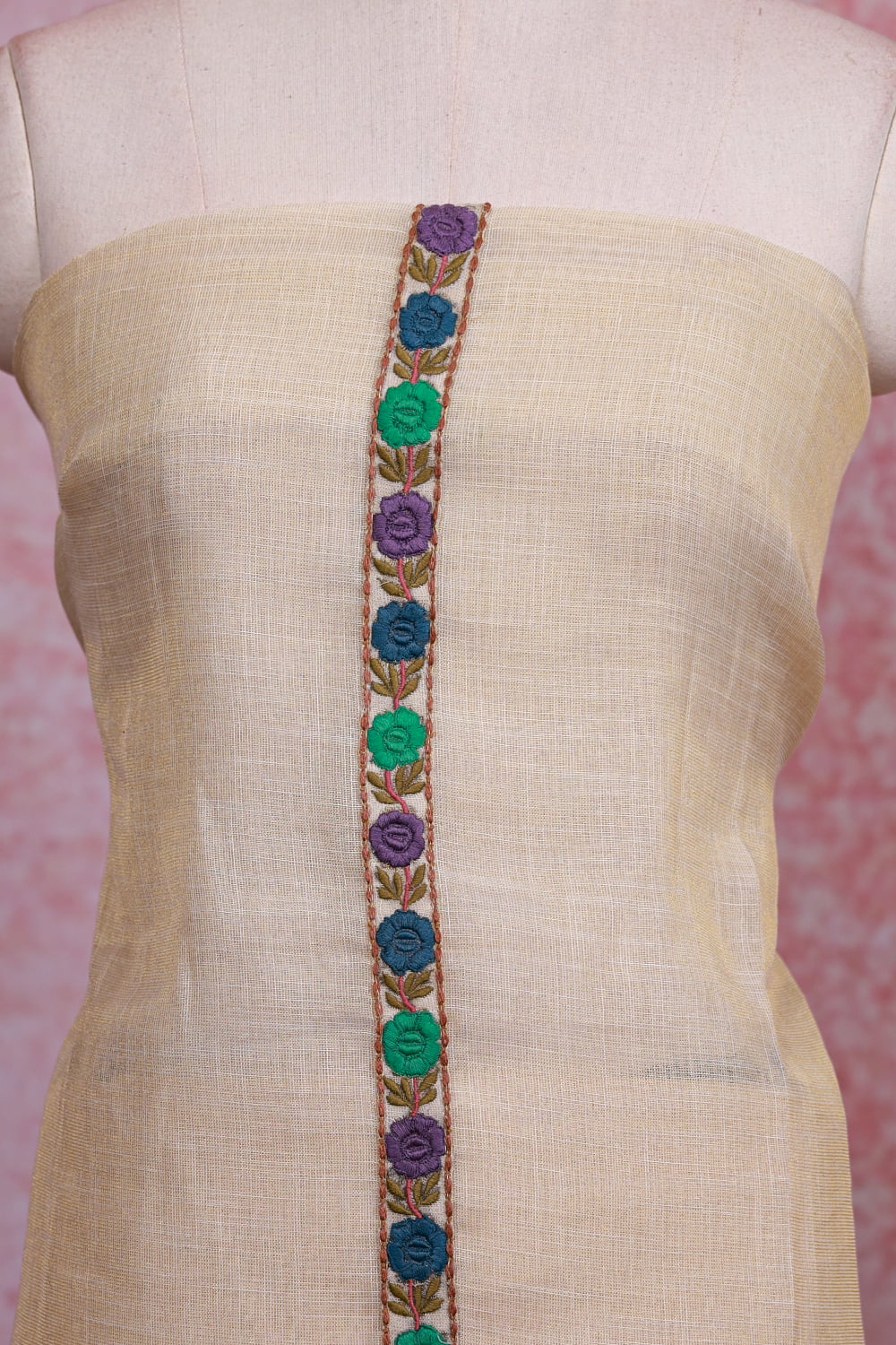 Cream Linen Tissue Plain Unstitched Churidhar Material