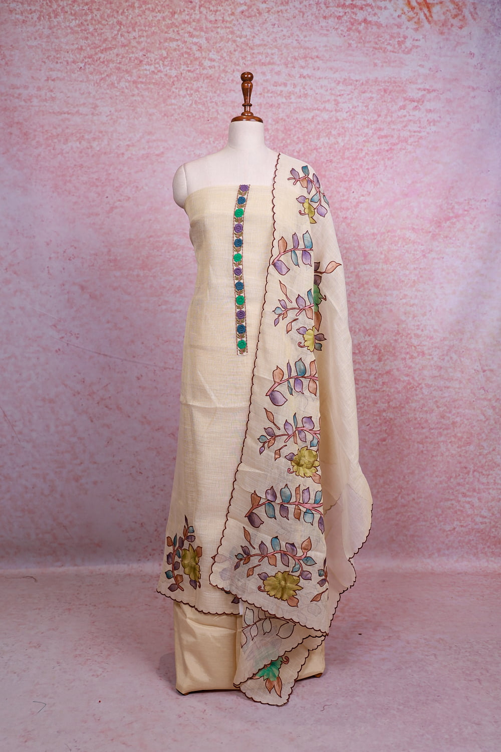 Cream Linen Tissue Plain Unstitched Churidhar Material