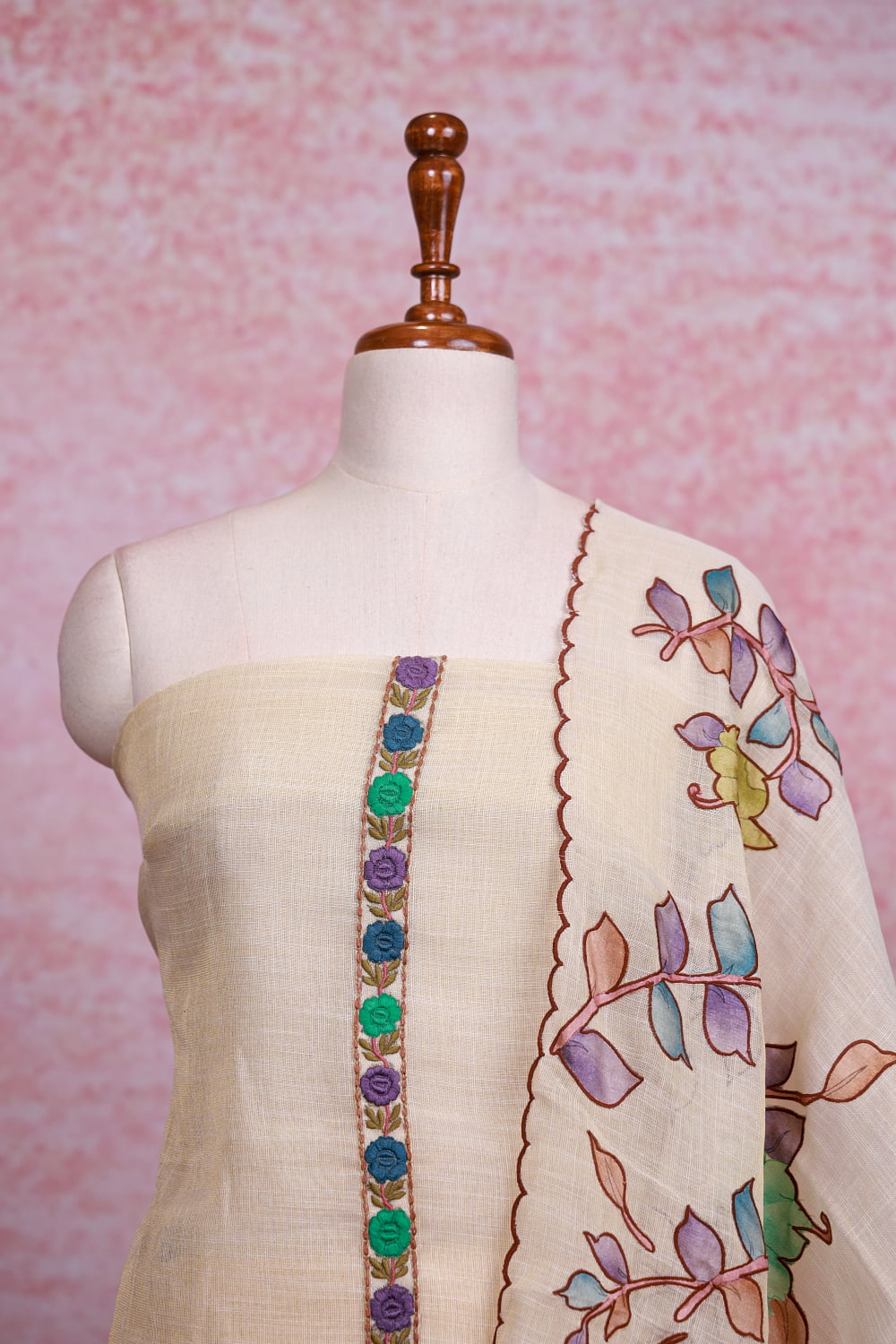 Cream Linen Tissue Plain Unstitched Churidhar Material