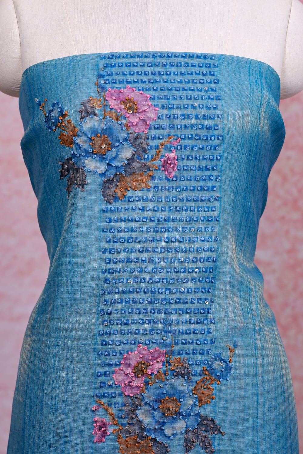 Blue Linen Tissue Kantha Stitched Unstitched Churidhar Material