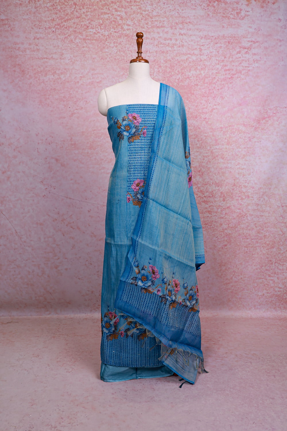 Blue Linen Tissue Kantha Stitched Unstitched Churidhar Material