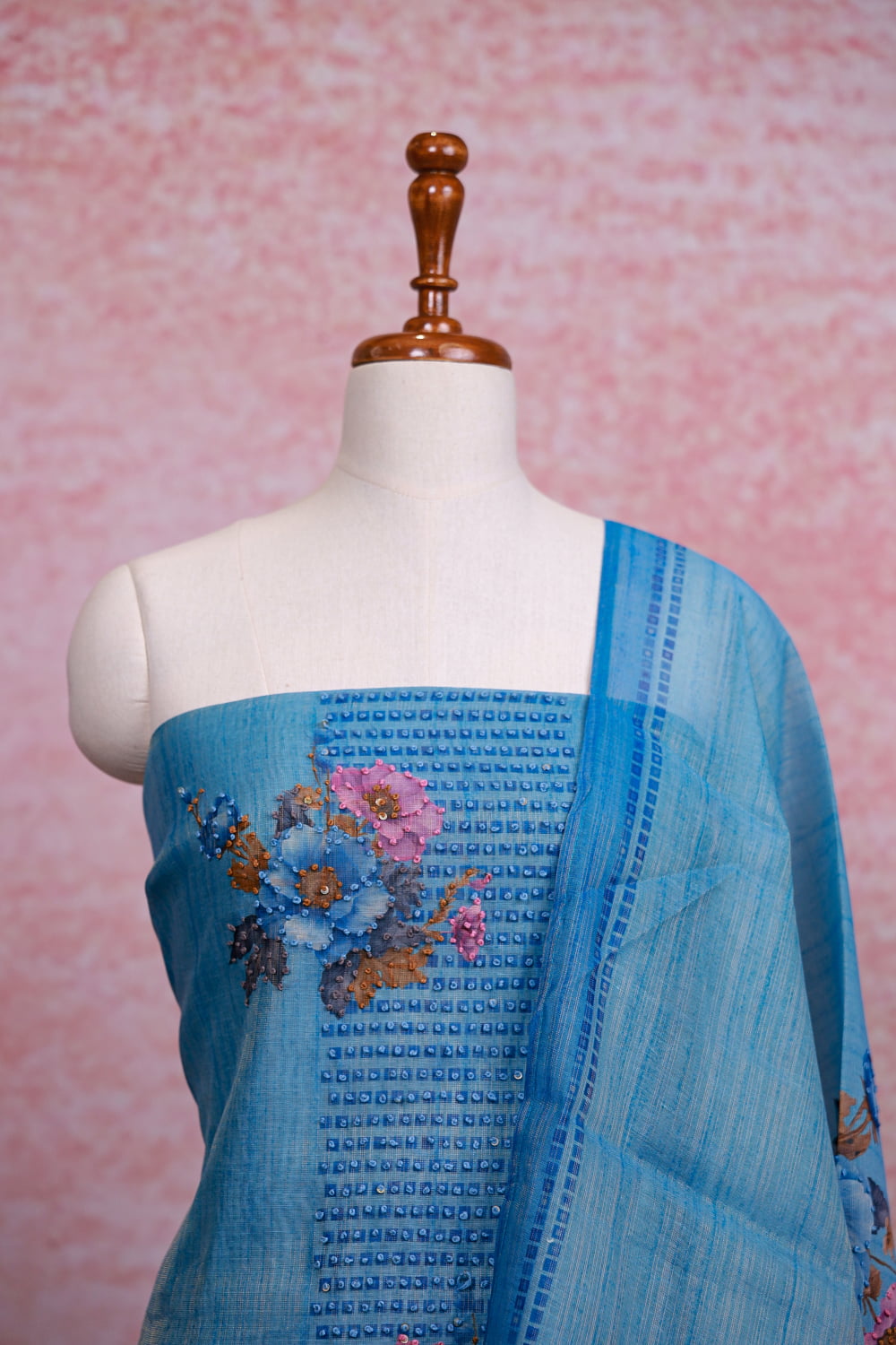 Blue Linen Tissue Kantha Stitched Unstitched Churidhar Material