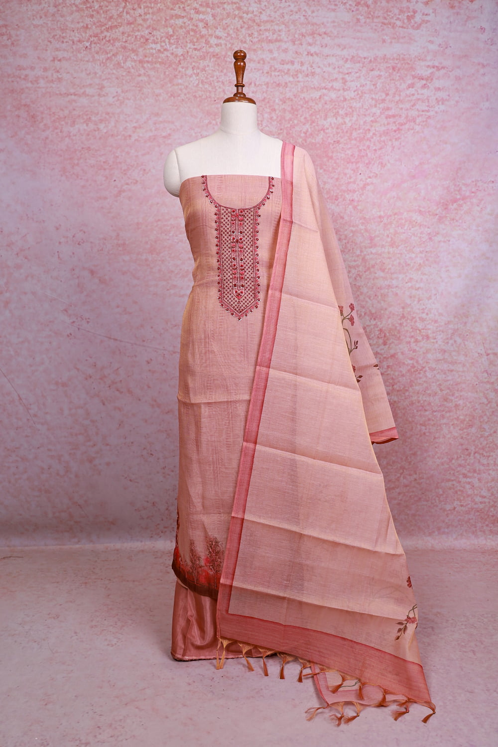 Peach Color Chanderi Tissue Plain Unstitched Churidhar Material