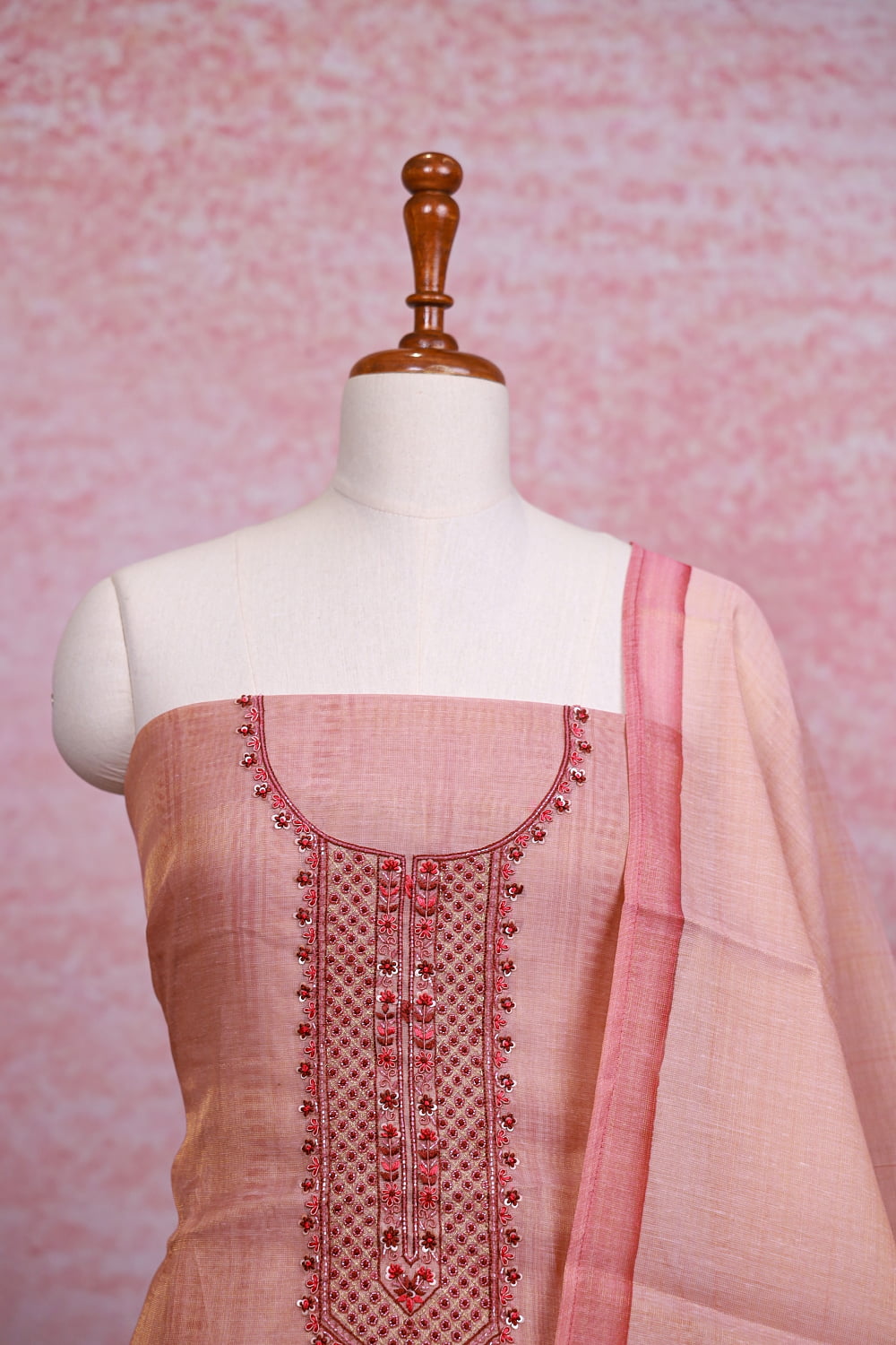 Peach Color Chanderi Tissue Plain Unstitched Churidhar Material