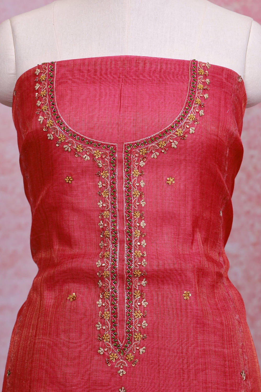 Onion Color Chanderi Tissue Sequines Work Unstitched Churidhar Material