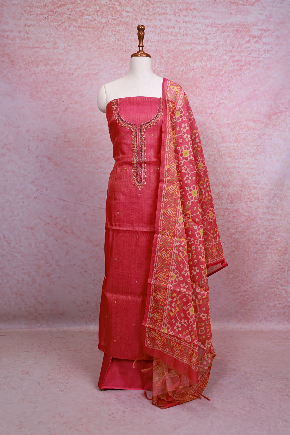 Onion Color Chanderi Tissue Sequines Work Unstitched Churidhar Material