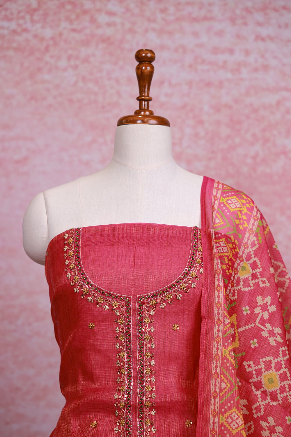 Onion Color Chanderi Tissue Sequines Work Unstitched Churidhar Material
