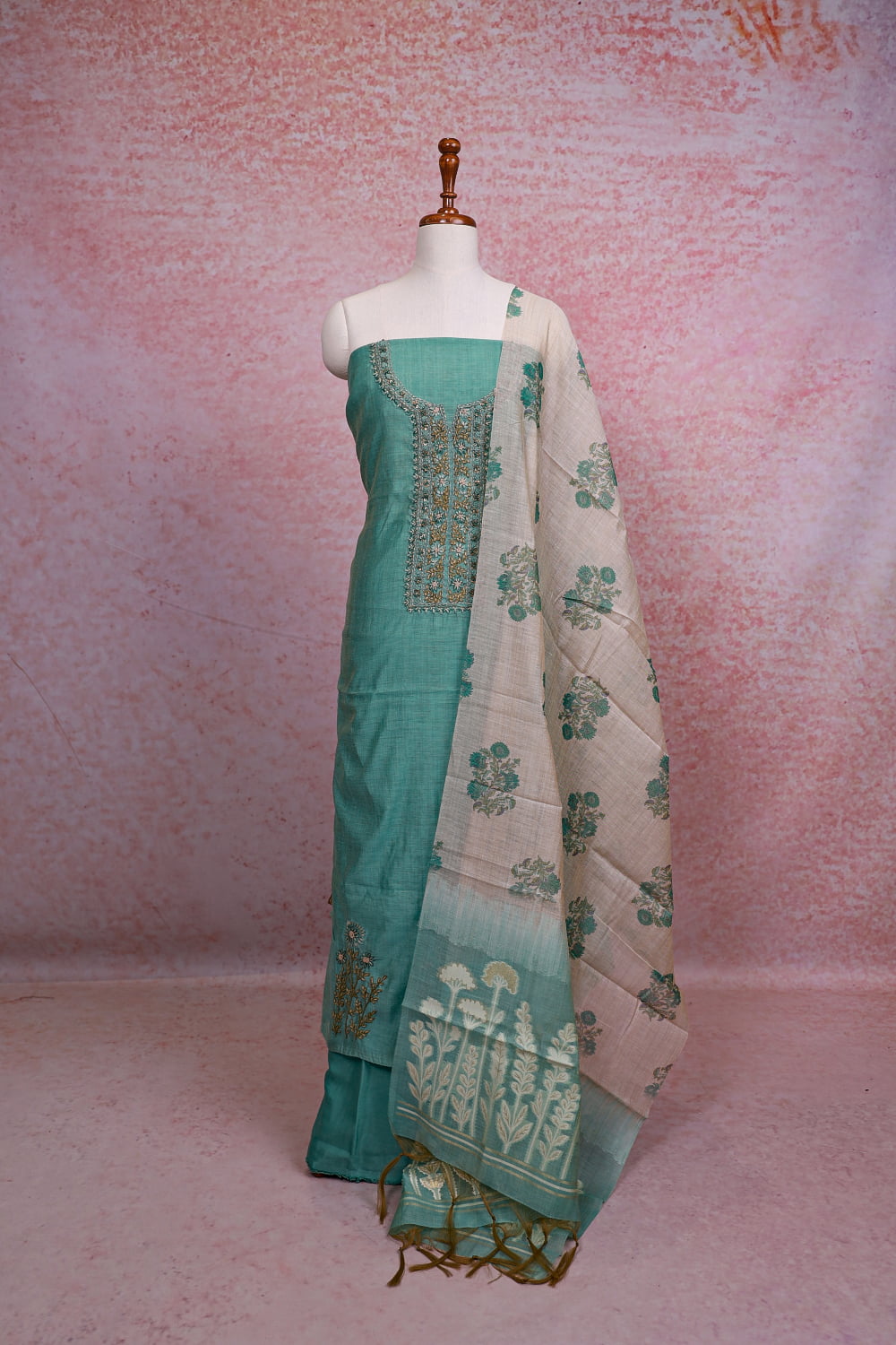 Pastel Green Chanderi Kantha Stitched Unstitched Churidhar Material