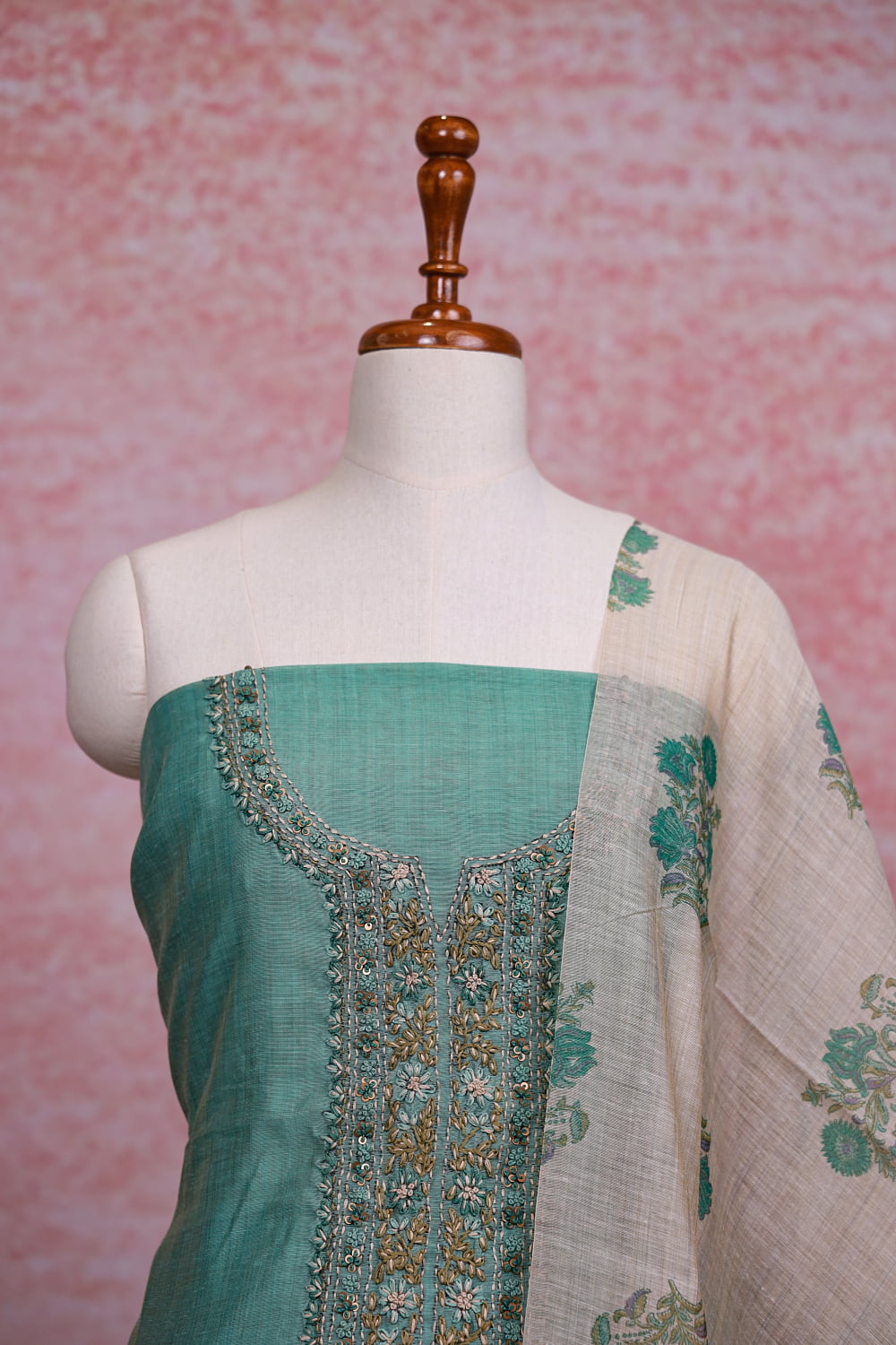 Pastel Green Chanderi Kantha Stitched Unstitched Churidhar Material
