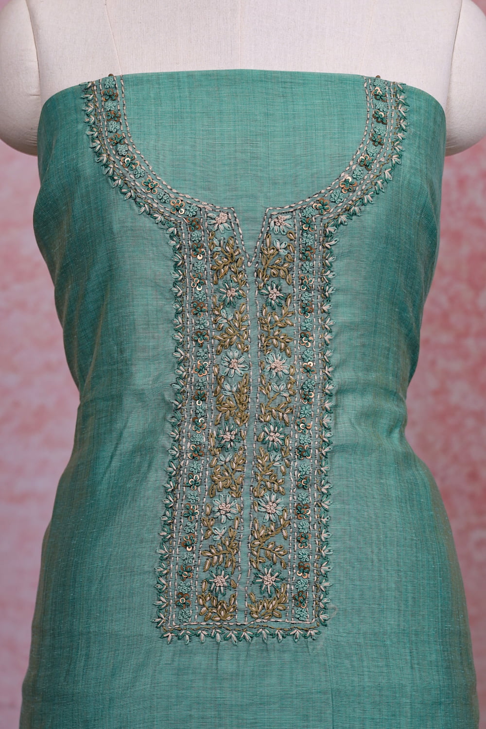 Pastel Green Chanderi Kantha Stitched Unstitched Churidhar Material