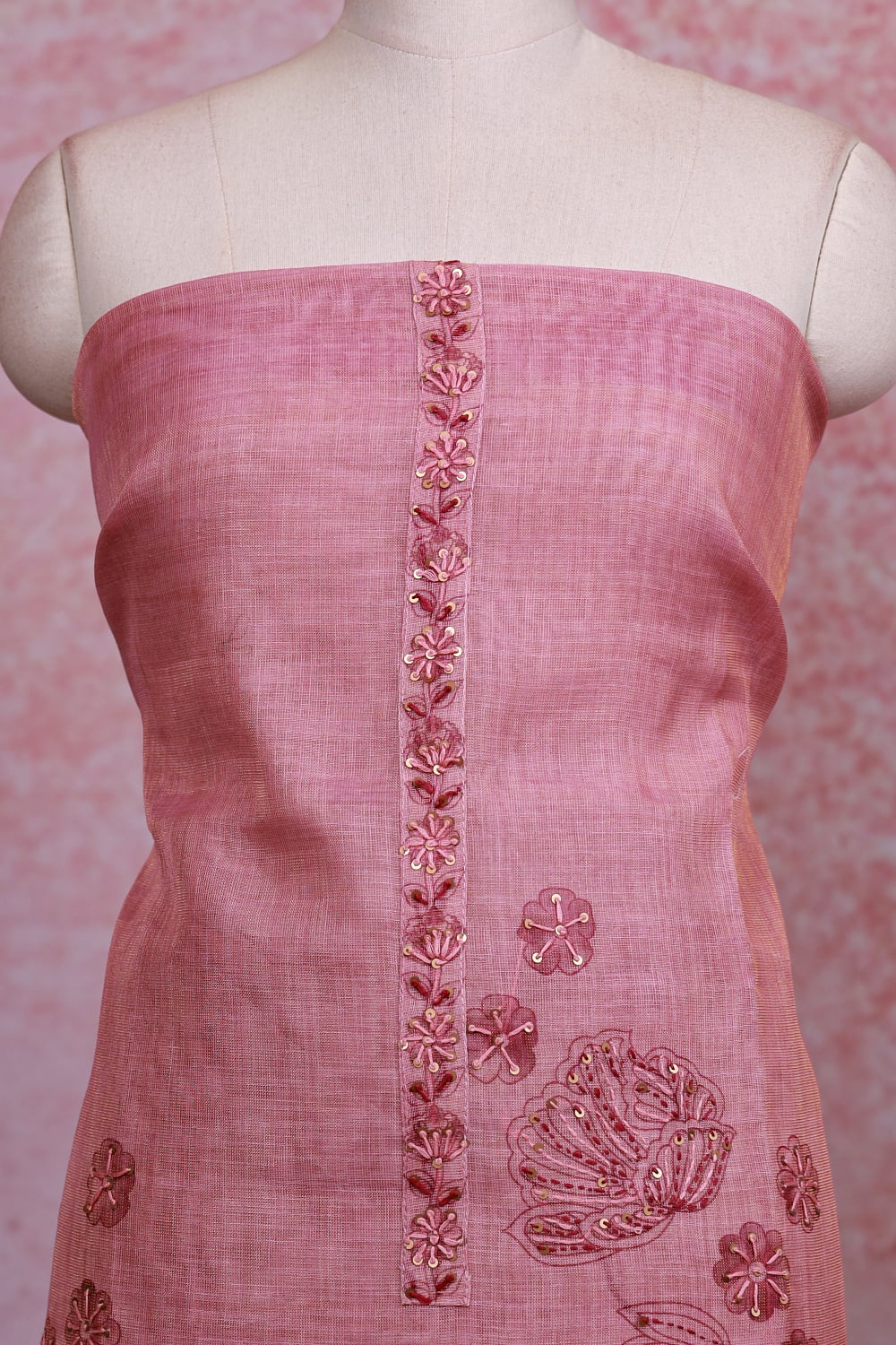 Pink Linen Tissue Kantha Stitched Unstitched Churidhar Material