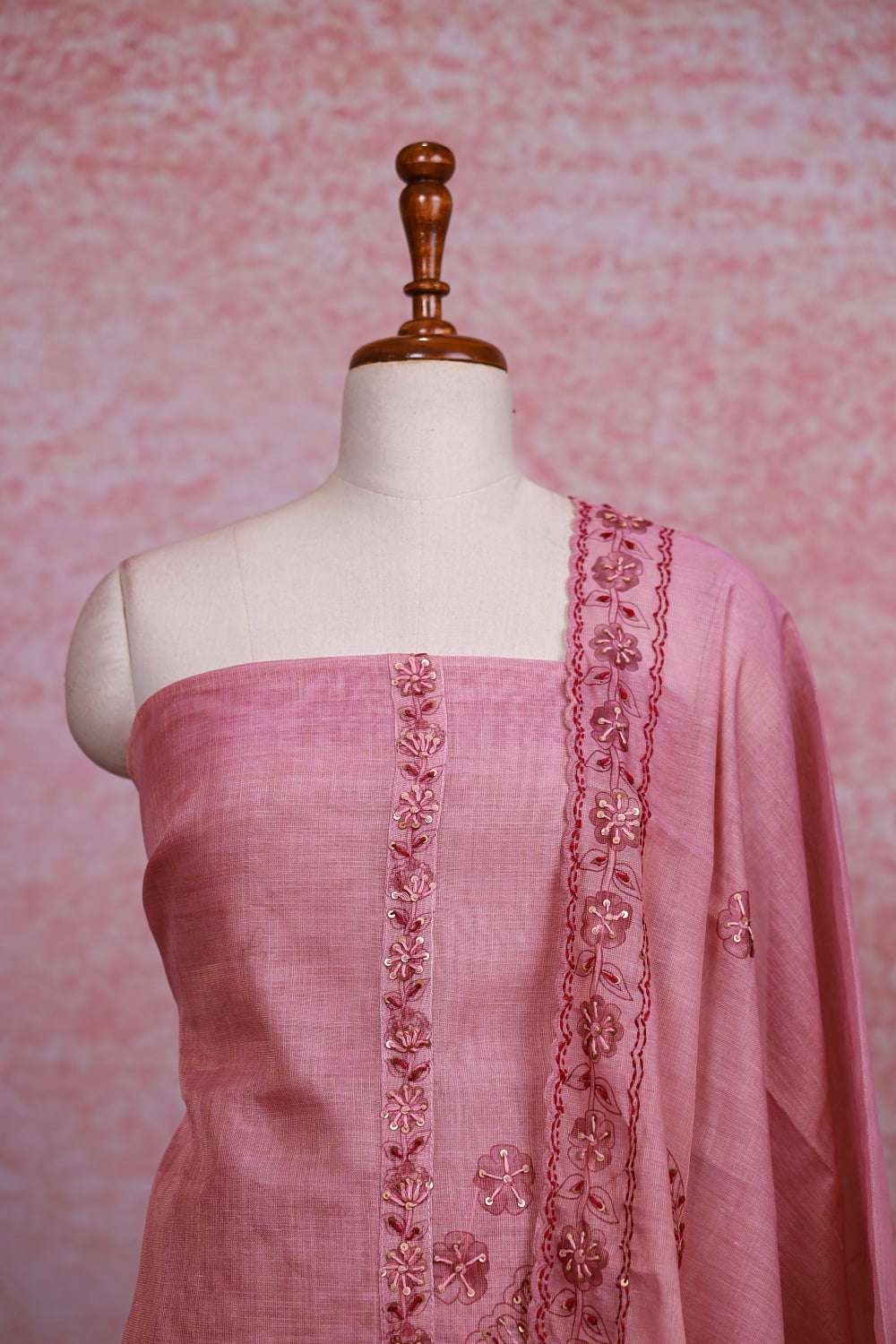 Pink Linen Tissue Kantha Stitched Unstitched Churidhar Material