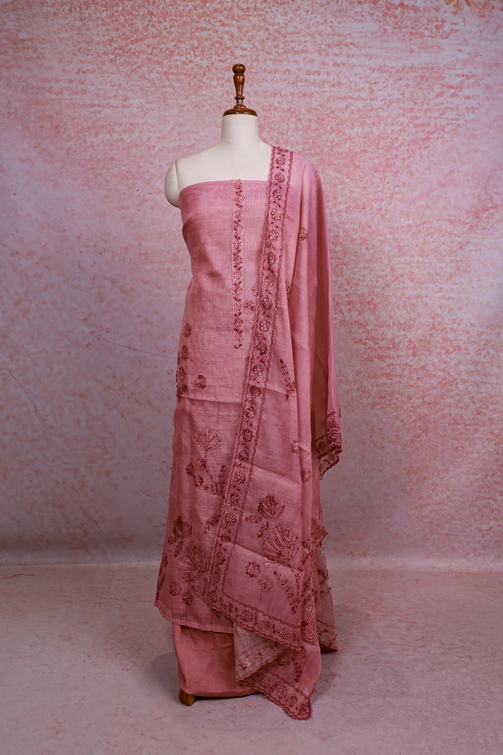 Pink Linen Tissue Kantha Stitched Unstitched Churidhar Material