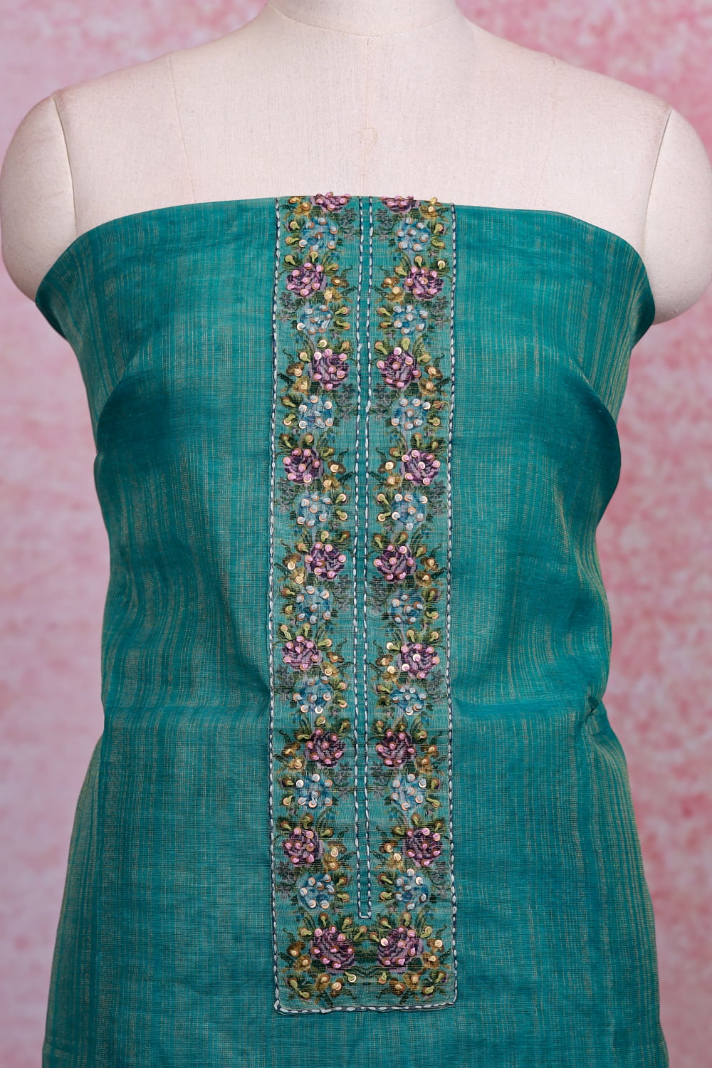 Peacock Green Chanderi Tissue Kantha Stitched Unstitched Churidhar Material