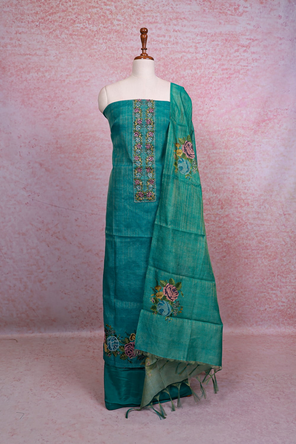 Peacock Green Chanderi Tissue Kantha Stitched Unstitched Churidhar Material