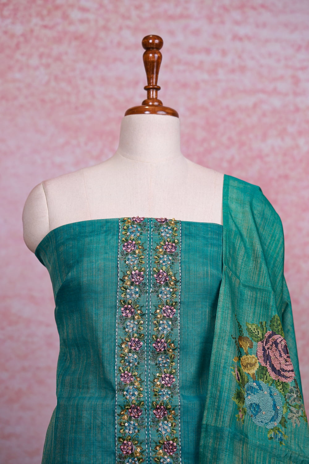 Peacock Green Chanderi Tissue Kantha Stitched Unstitched Churidhar Material