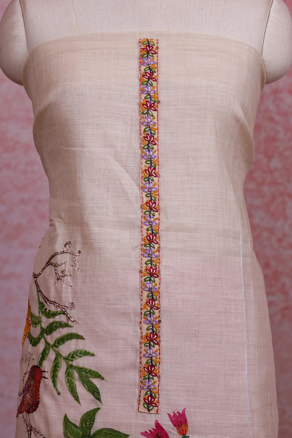 Cream Color Linen Kantha Stitched Unstitched Churidhar Material