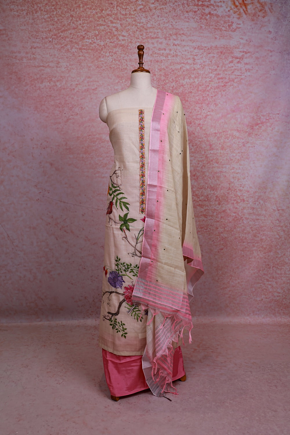 Cream Color Linen Kantha Stitched Unstitched Churidhar Material