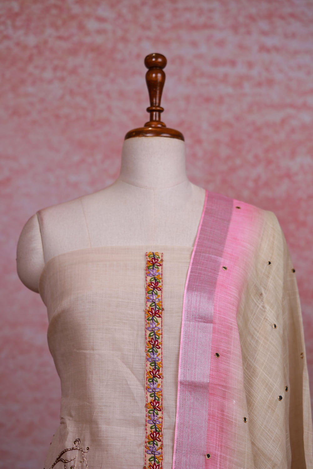 Cream Color Linen Kantha Stitched Unstitched Churidhar Material