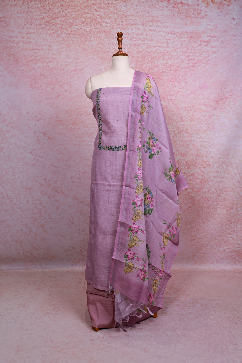 Lavender Linen Tissue Beads Work Unstitched Churidhar Material