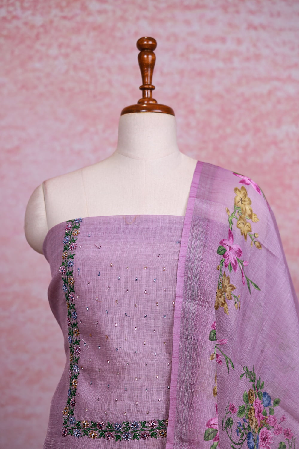 Lavender Linen Tissue Beads Work Unstitched Churidhar Material