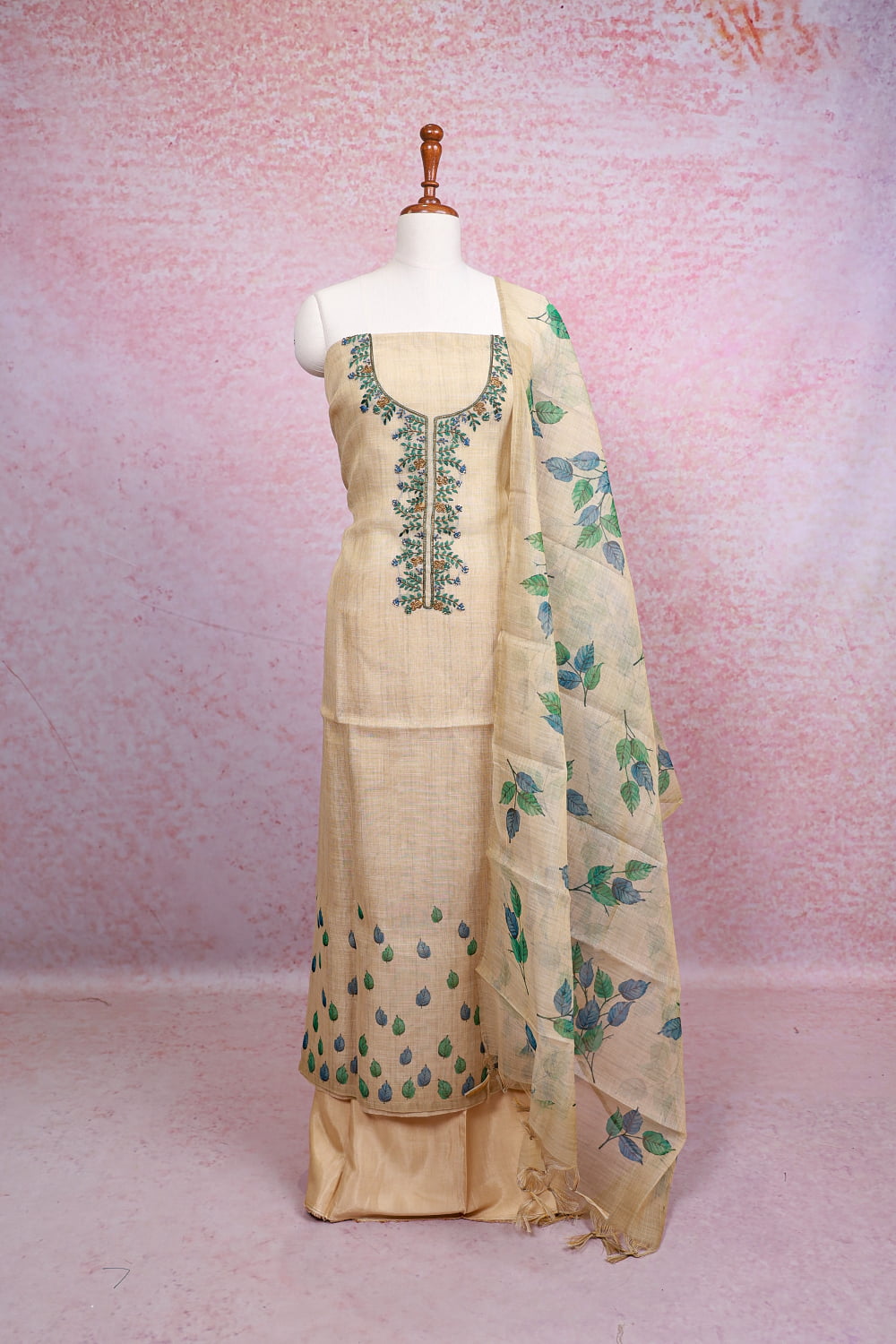 Gold Chanderi Tissue Plain Body Unstitched Churidhar Material
