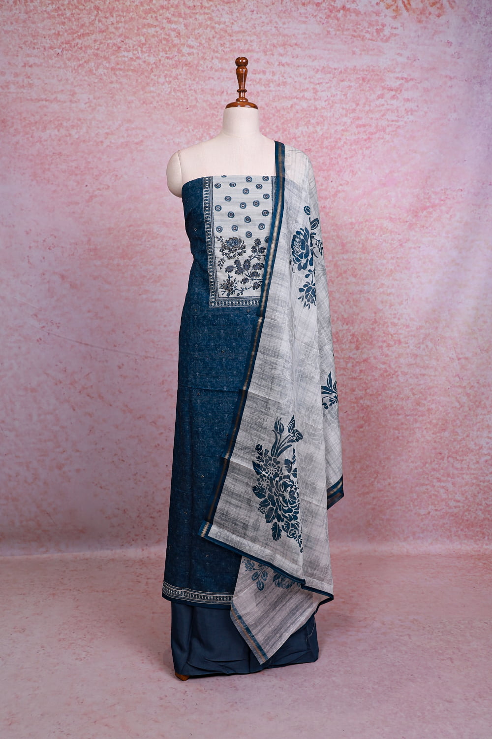 Blue Semi Silk Printed Unstitched Churidhar Material
