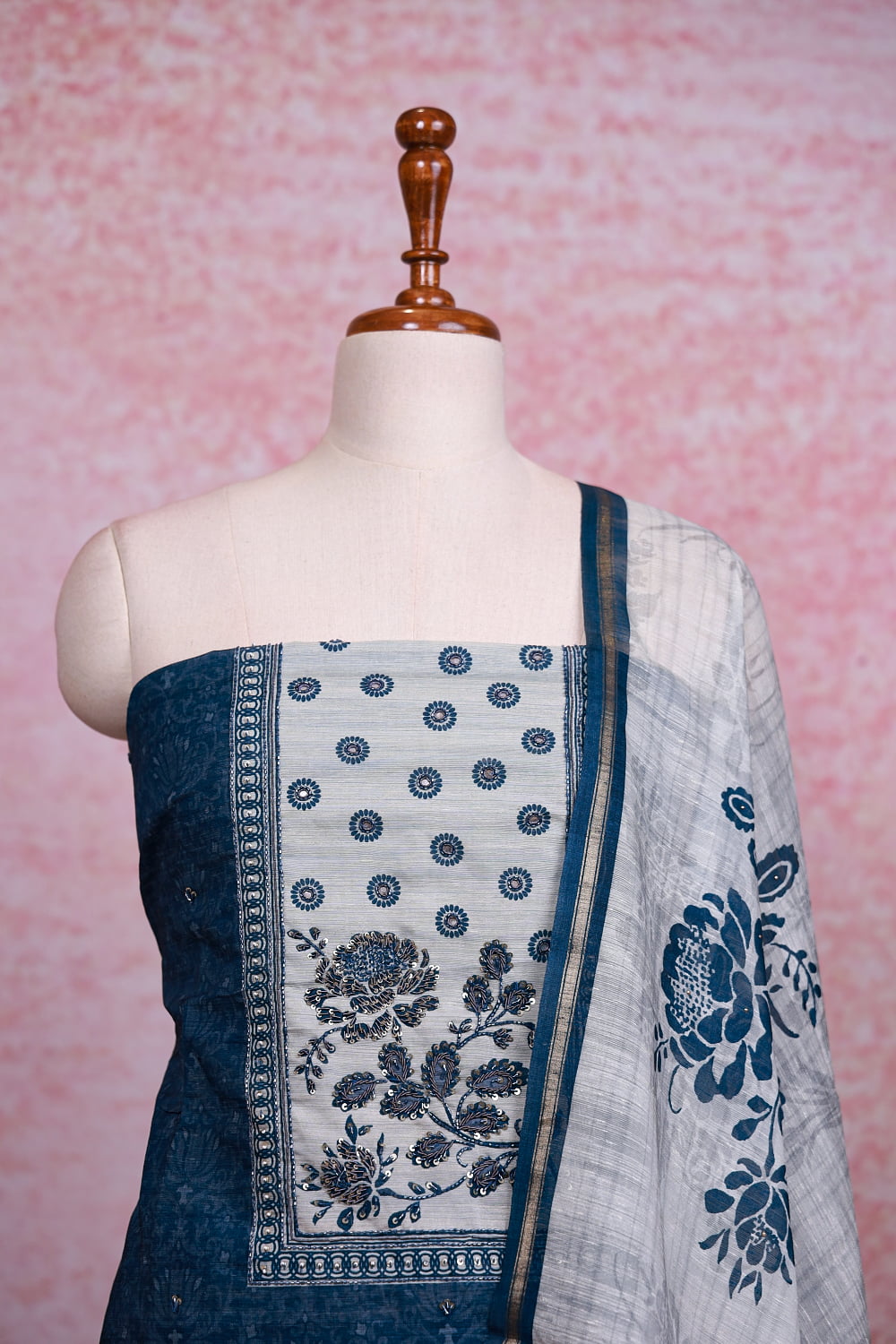 Blue Semi Silk Printed Unstitched Churidhar Material