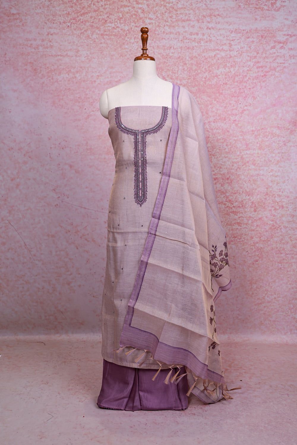 Lavender Chanderi Tissue Mirror Work Unstitched Churidhar Material