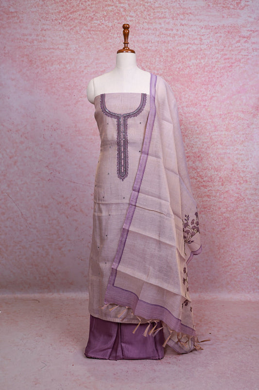 Lavender Chanderi Tissue Mirror Work Unstitched Churidhar Material - Seematti