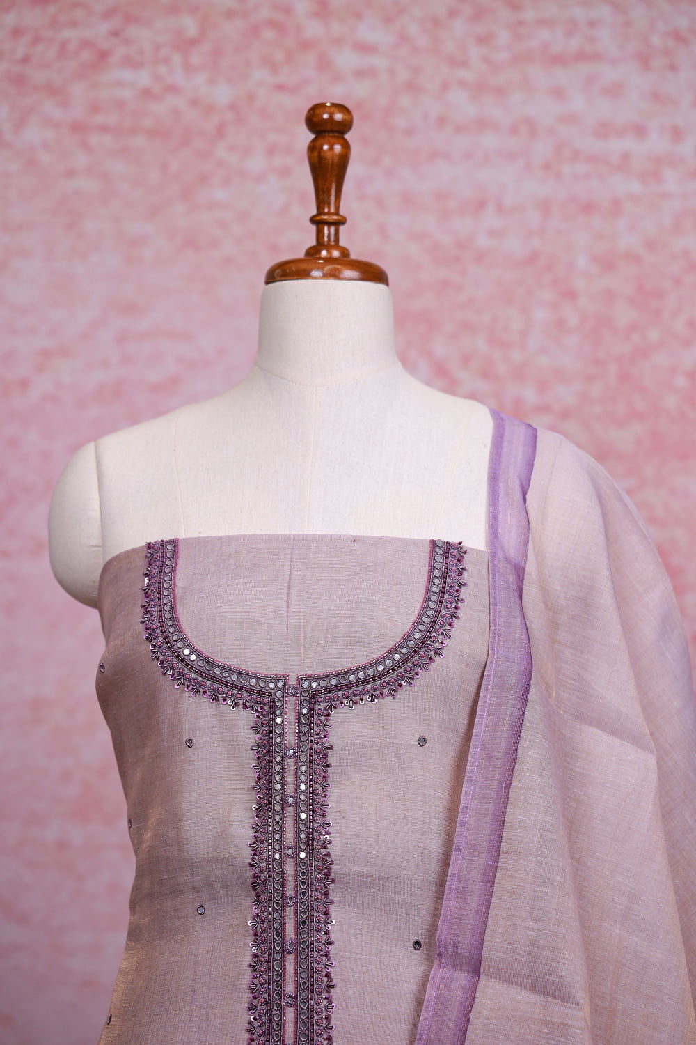 Lavender Chanderi Tissue Mirror Work Unstitched Churidhar Material
