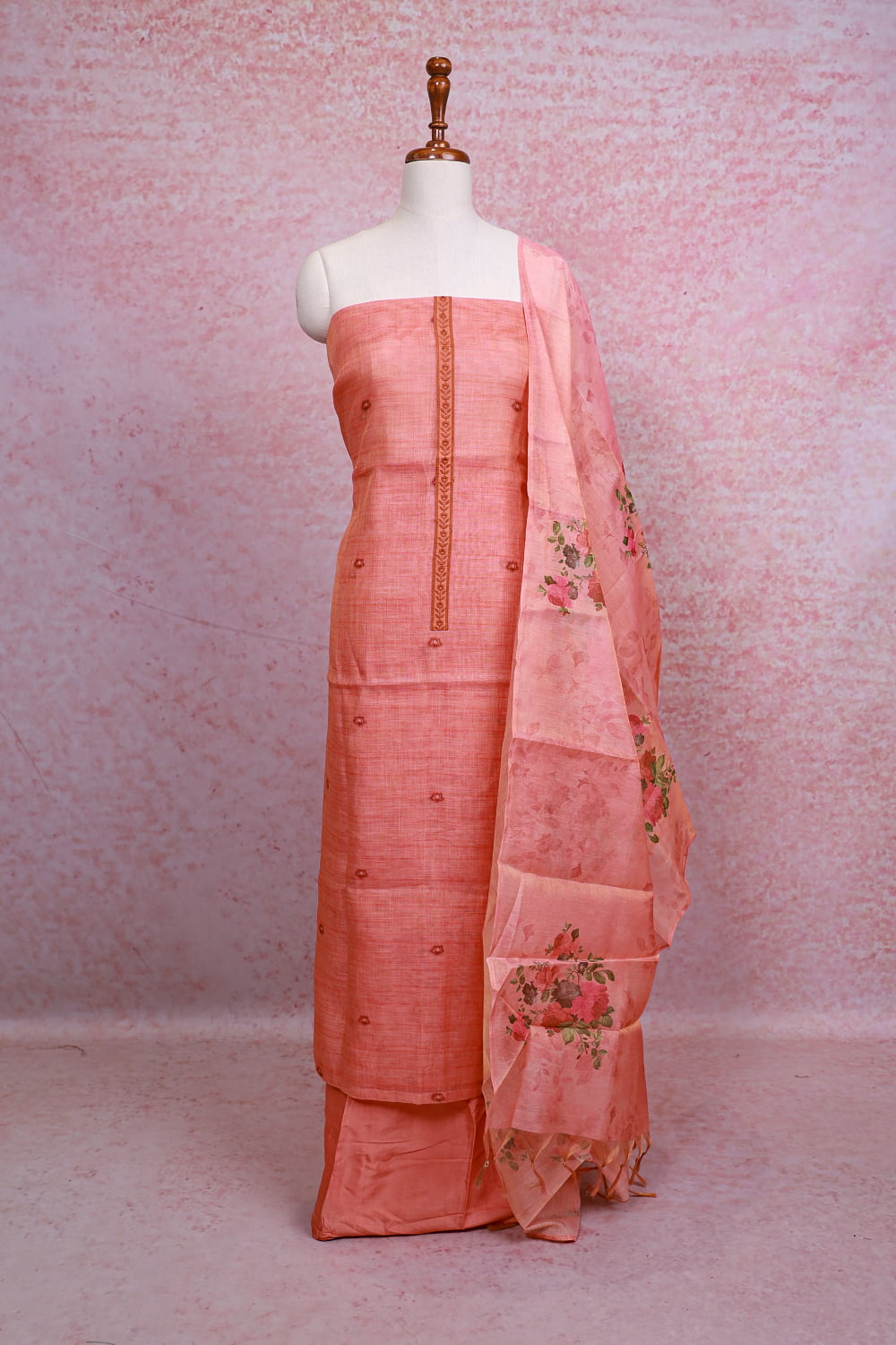 Dark Peach Linen Tissue Embroidery Unstitched Churidhar Material