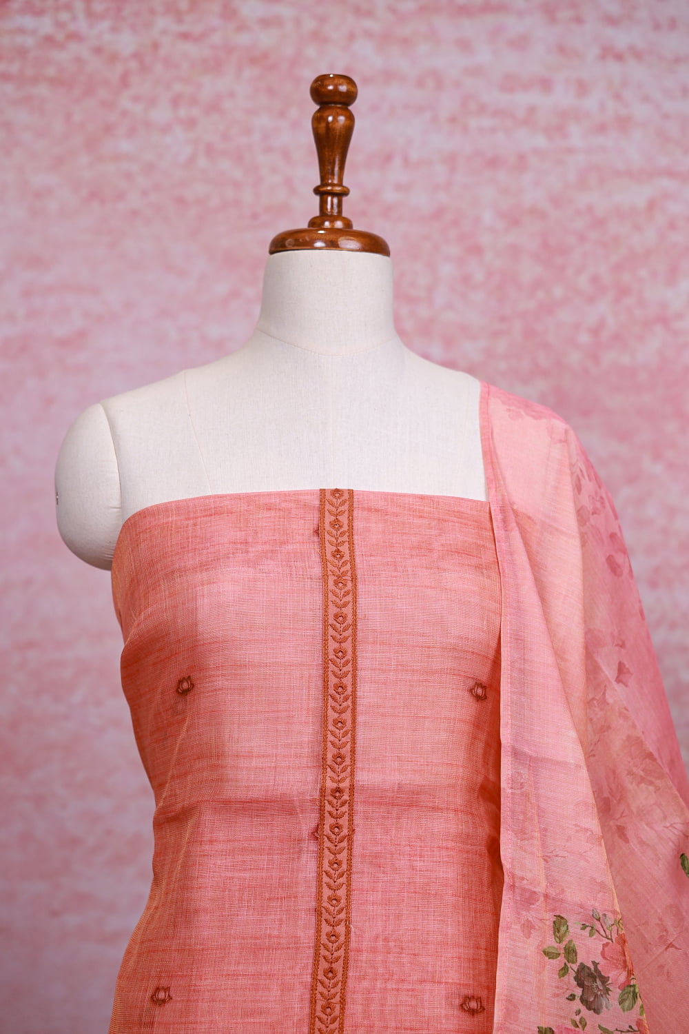 Dark Peach Linen Tissue Embroidery Unstitched Churidhar Material